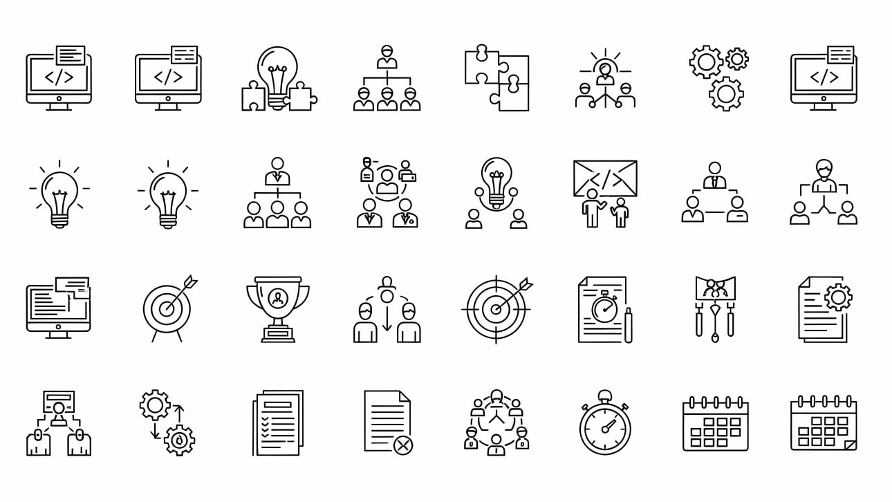 A versatile free vector set featuring 32 outline icons for business, technology, teamwork, and productivity concepts.