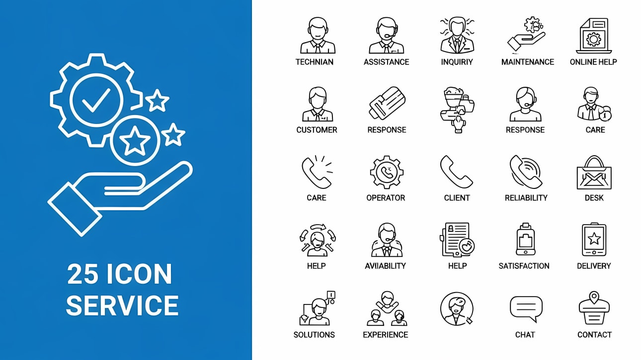 Download this comprehensive set of 25 outline vector icons for customer service, support, and business operations. Ideal for websites and apps.