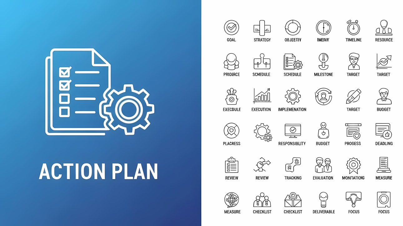 Download this comprehensive Action Plan Free Vector featuring a checklist document and gear, plus a collection of 30 project management, strategy
