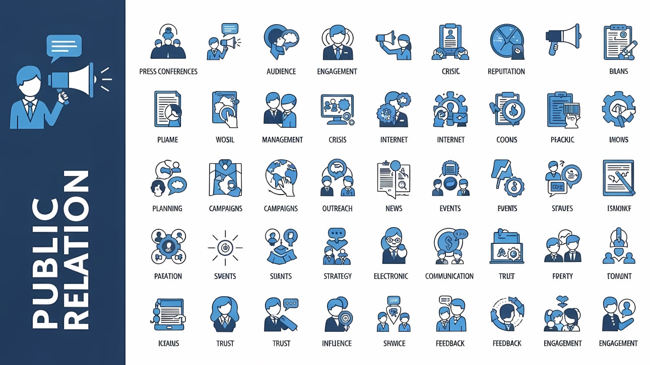 Explore a comprehensive collection of public relations and communication vector icons. Perfect for marketing, business, and strategy designs.