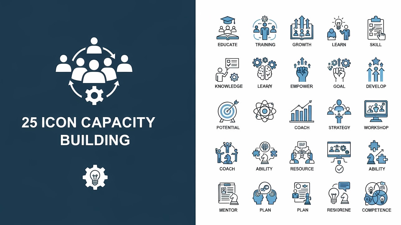 A comprehensive set of 25 flat line vector icons for capacity building, education, training, and professional development.