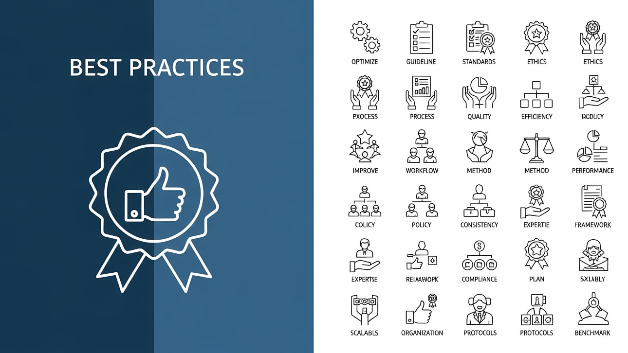 Download a collection of modern line icons for best practices, business optimization, quality management, and workflow efficiency.