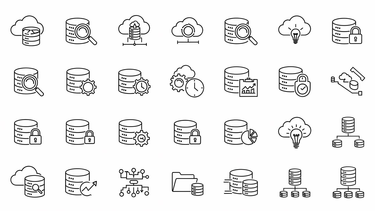 Explore a comprehensive set of free vector line icons for database and cloud computing, covering data storage, management, security, and analytic