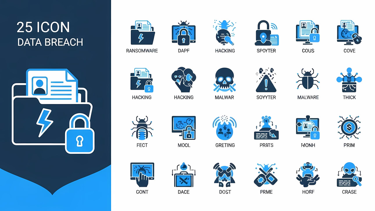 Explore 25 comprehensive data breach and cybersecurity icons. Perfect for illustrating ransomware, hacking, malware, and digital threats.