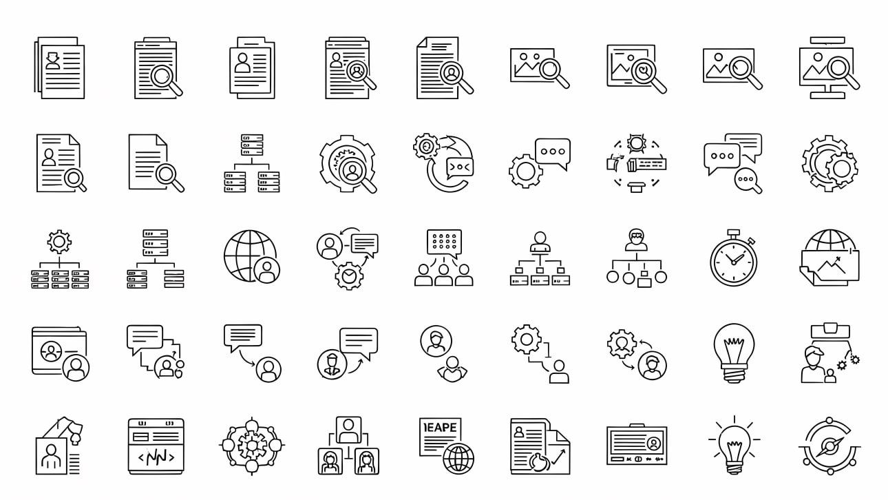 A collection of free vector line icons for business, HR, data management, and communication.