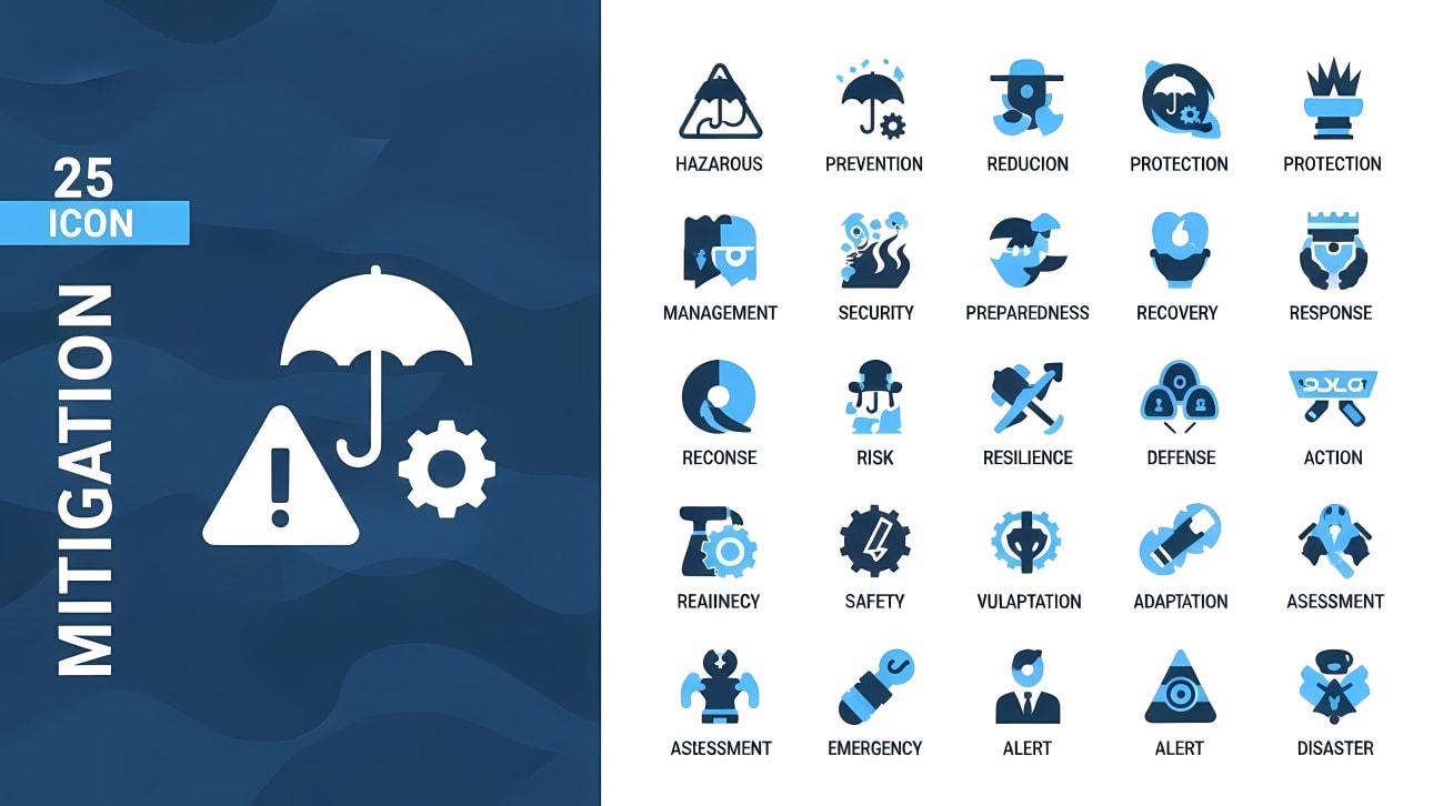 Download 25 vector icons for disaster mitigation, safety, and emergency management. Essential for presentations, websites, and infographics.