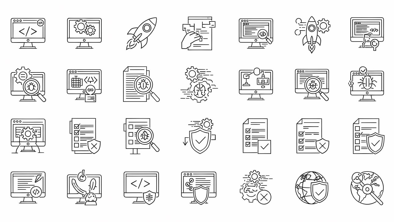 A comprehensive set of 25 line icons covering software development, quality assurance, security, and project management concepts.