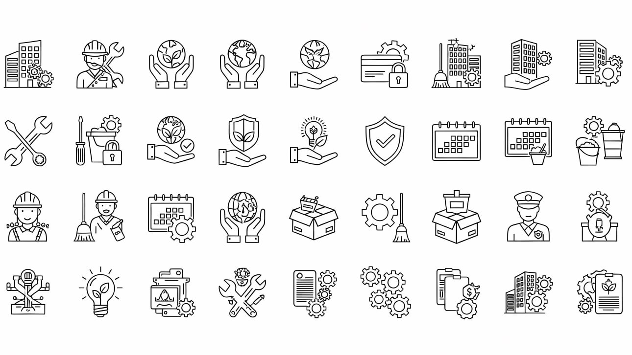 Download a versatile collection of outline icons for maintenance, cleaning, ecology, and service industries. Perfect for web and print projects.