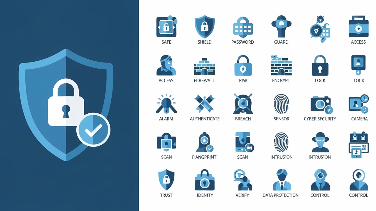 Download this comprehensive set of flat design cybersecurity and data protection icons. Perfect for digital projects needing secure themes.
