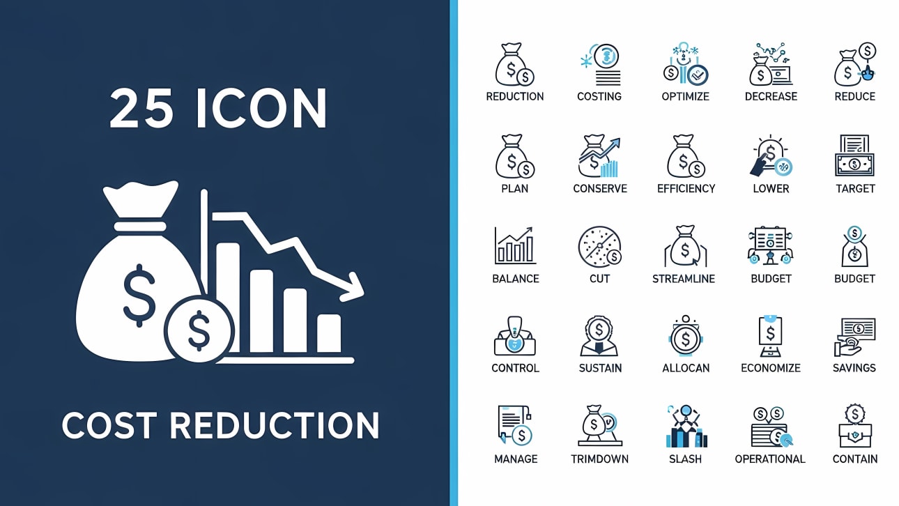 Download this comprehensive set of 25 cost reduction and financial management vector icons.