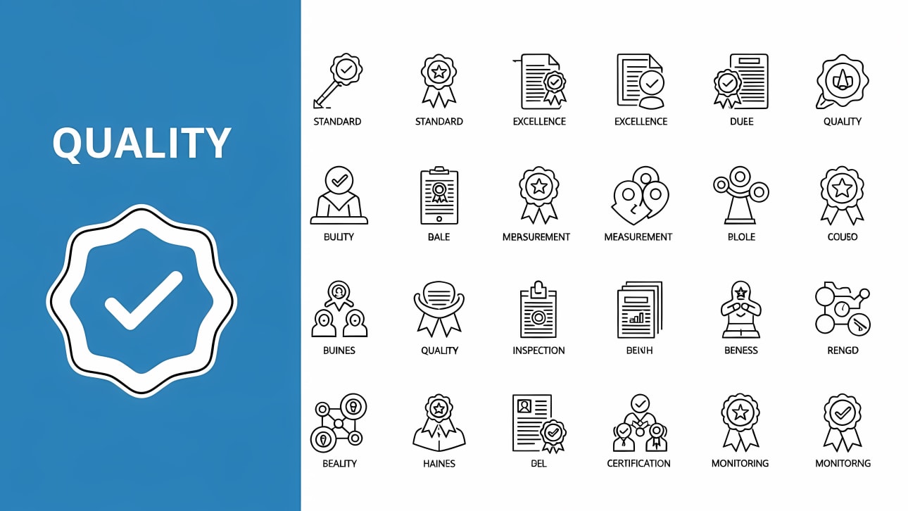 A comprehensive set of line icons for quality, standard, excellence, certification, and inspection.