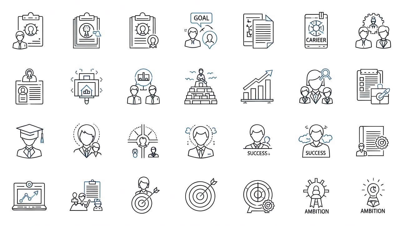 Download these line art vector icons representing career development, goal setting, success, and professional achievement.