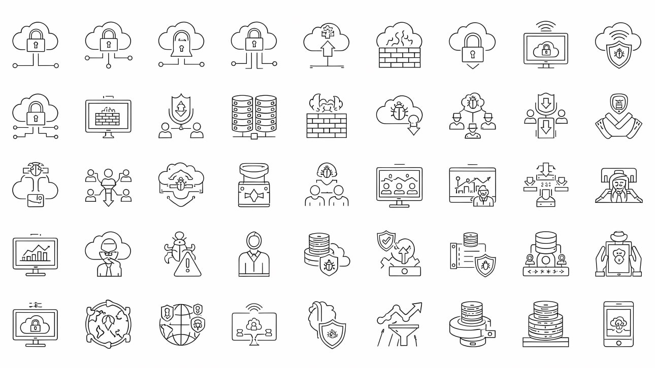 Explore a comprehensive set of cloud data security and cyber protection line vector icons.