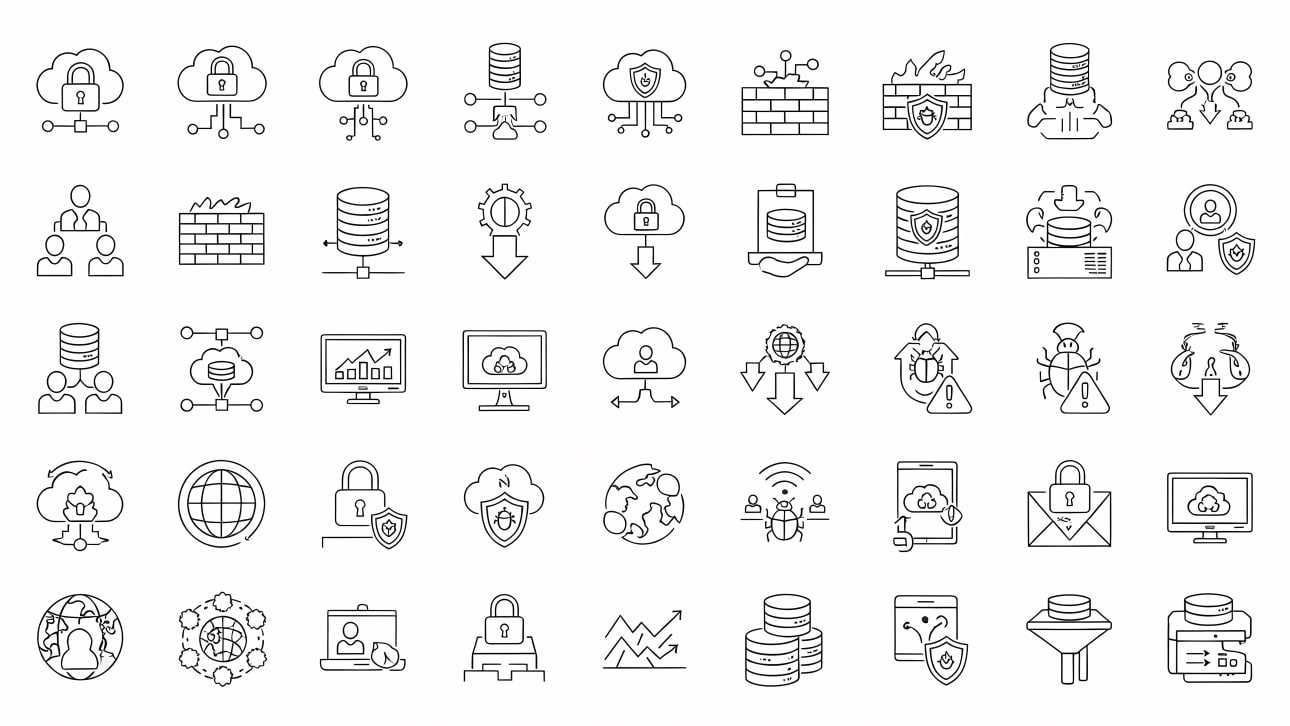 Comprehensive set of cloud security, data protection, and network technology vector icons. Ideal for cybersecurity and IT-related projects.