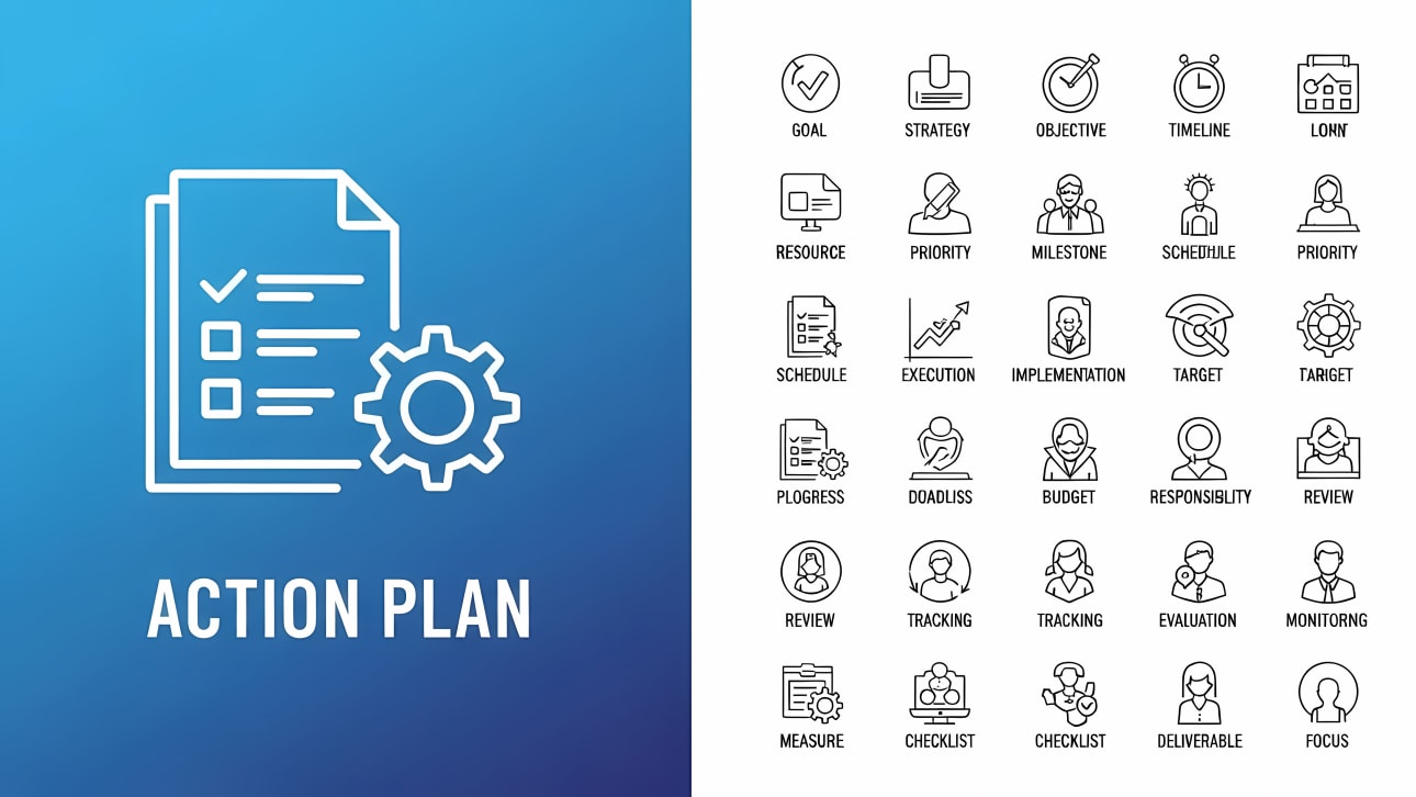 Comprehensive collection of line icons for action plans, project management, strategy, goals, and tasks.