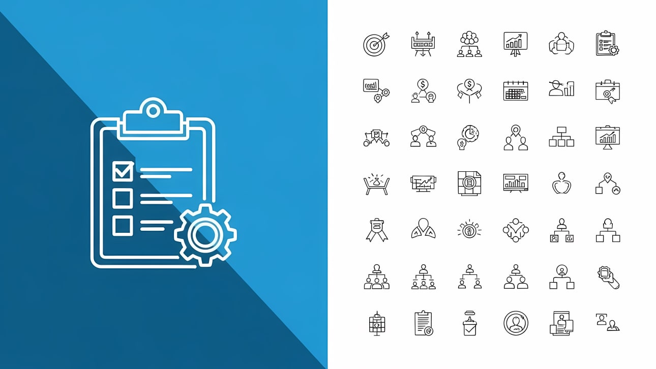 Download a comprehensive set of business and management line icons including task management, project settings, data analysis, and organization c