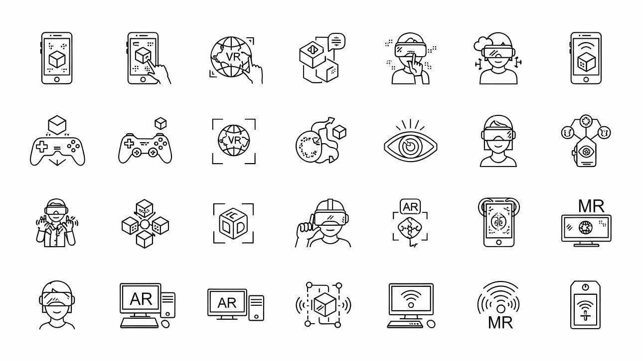 Explore 29 outline icons for VR, AR, and MR. Ideal for tech, gaming, and metaverse projects.