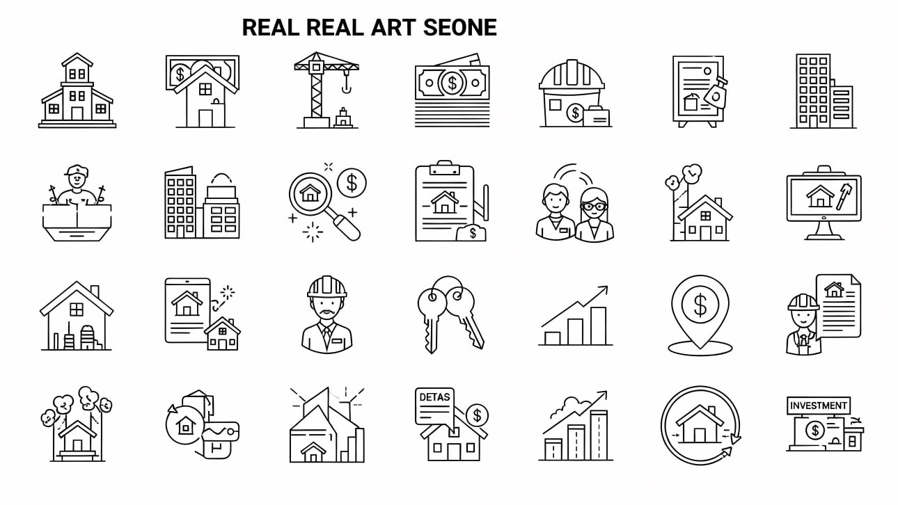 Download this free vector icon set featuring real estate, property, construction, and investment concepts.