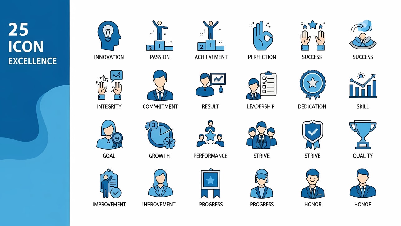 Explore 25 excellence icons for business success, leadership, and personal growth. Perfect for presentations, websites, and marketing.