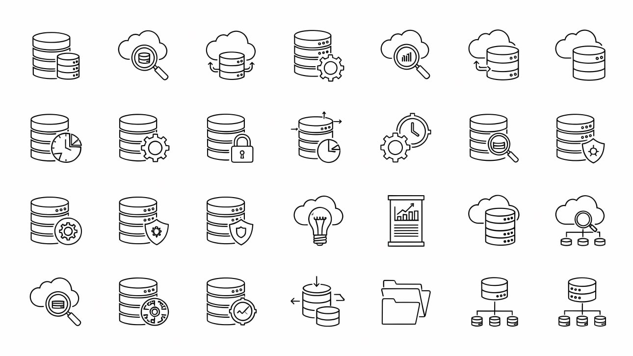 A comprehensive set of outline icons for database management, cloud storage, data security, and analytics.