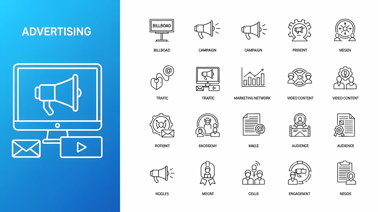 Download this free vector set of advertising and marketing line icons. Perfect for websites, apps, presentations, and digital campaigns.