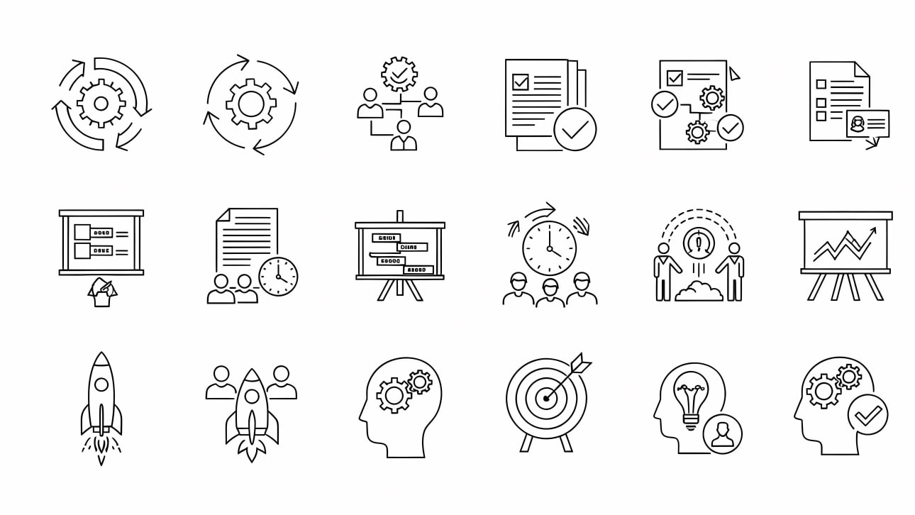 Download this free vector set of business process, strategy, startup, and workflow icons. Ideal for presentations, websites, and apps.