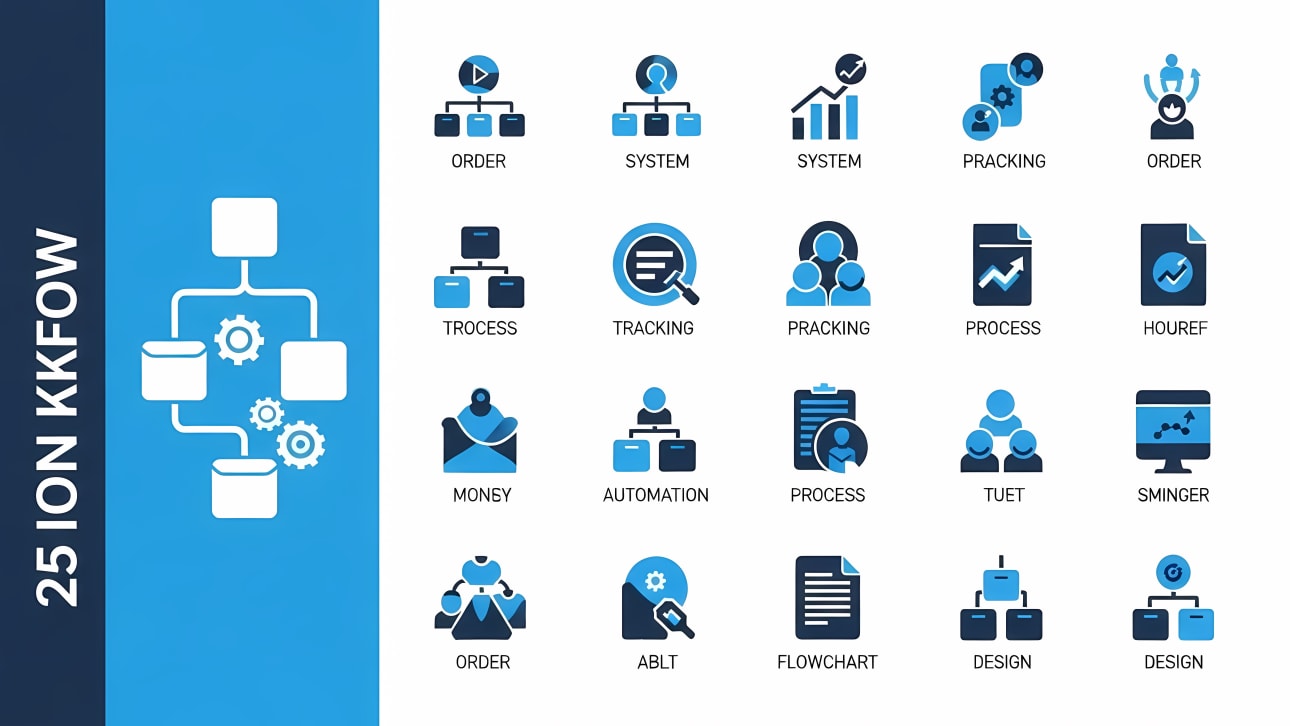 Download a versatile set of 25 flat design vector icons for business workflow, process management, and data tracking. Ideal for various projects.