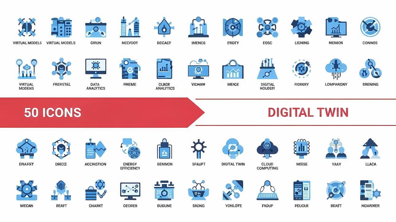 Download this free vector set of 50 flat design icons for digital twin, cloud computing, and smart industry concepts. Perfect for tech projects.