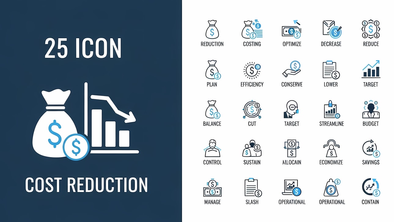Download this free vector icon set featuring 25 cost reduction, savings, and financial management icons.