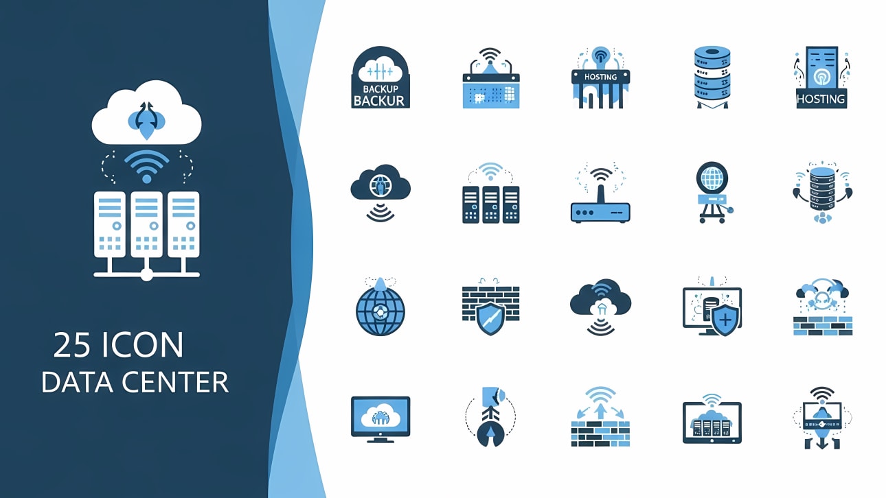 Download this comprehensive set of 25 data center and cloud computing icons. Perfect for web, app, and presentation designs. Vector included.