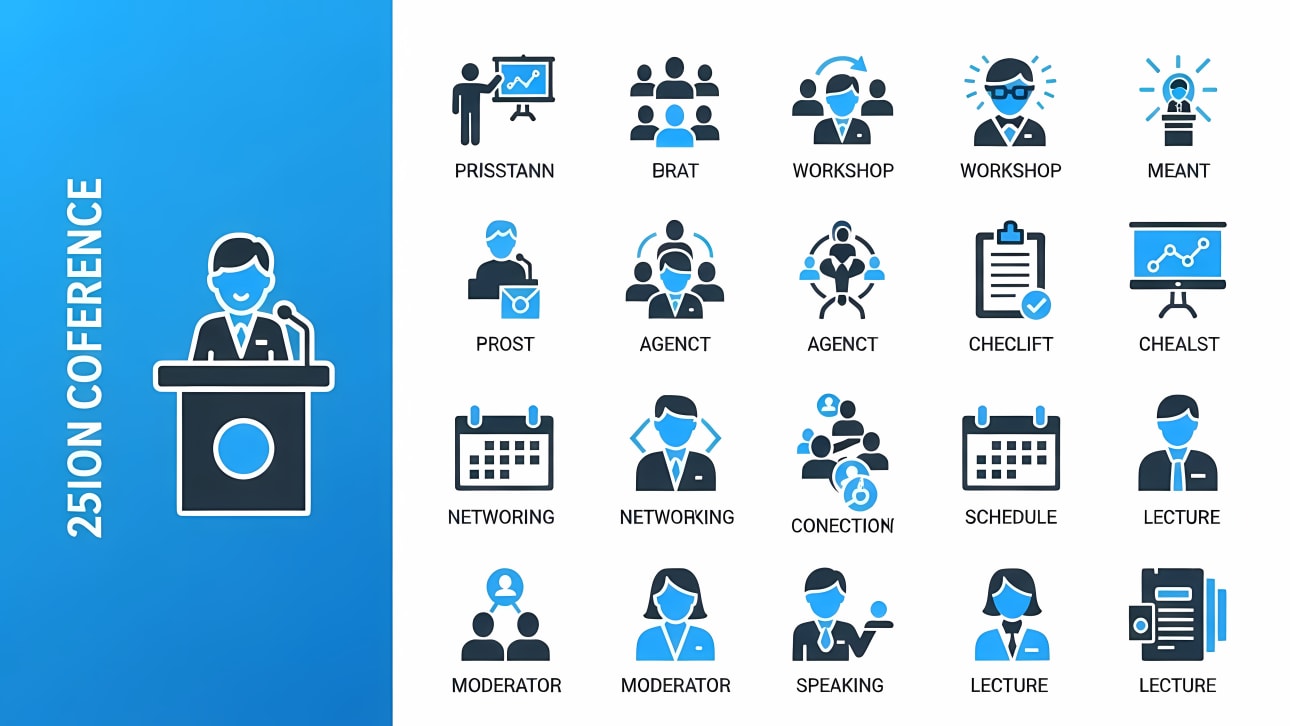 A comprehensive set of free vector icons for business conferences, workshops, and presentations. Perfect for web, app, and print designs.