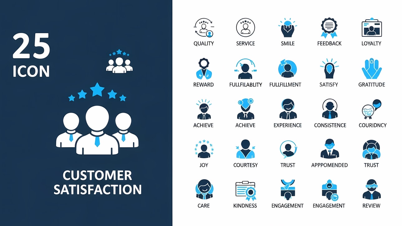 Download 25 modern customer satisfaction vector icons for business. Features symbols like quality, service, feedback, loyalty, and engagement.
