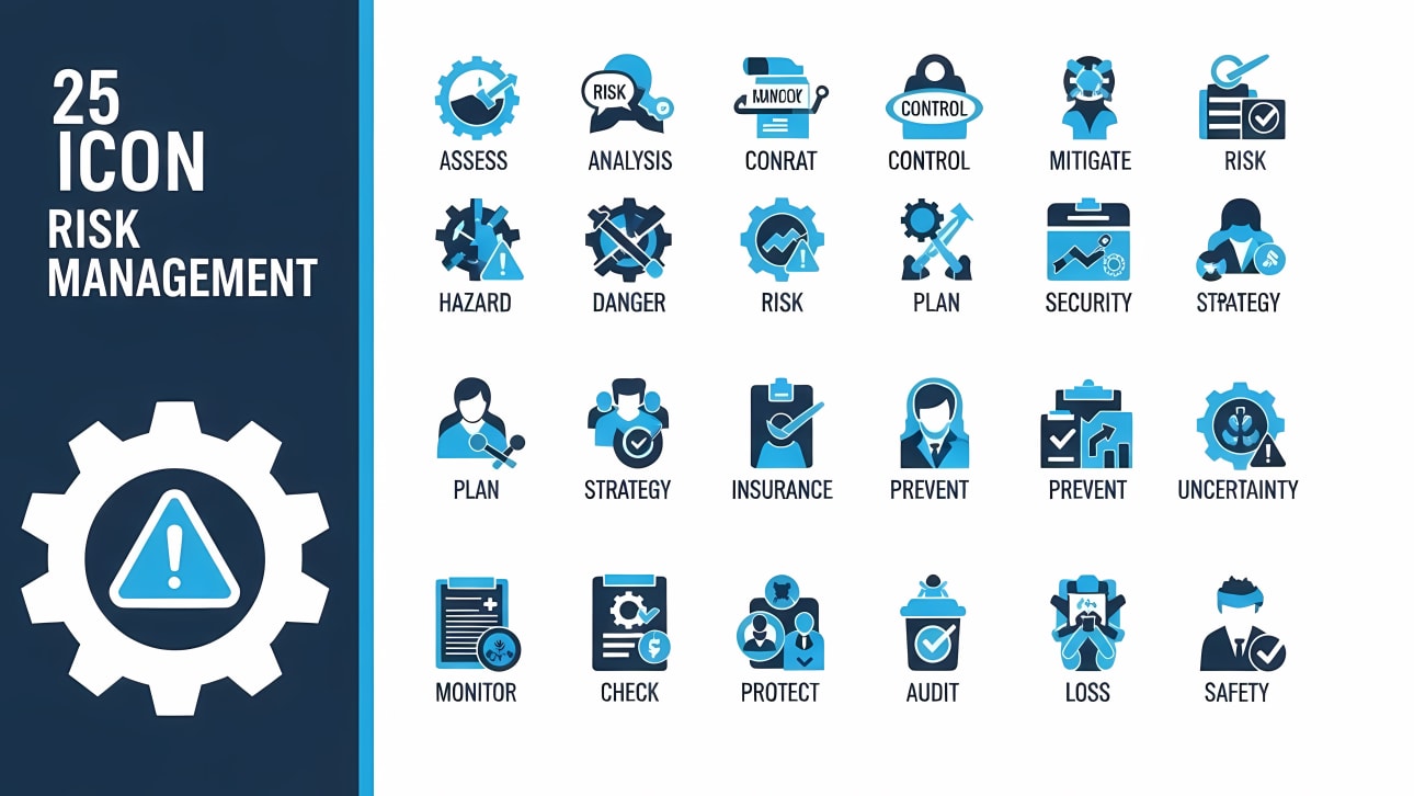 Download this comprehensive set of 25 risk management icons. Perfect for business, security, and financial presentations. Free vector graphics.