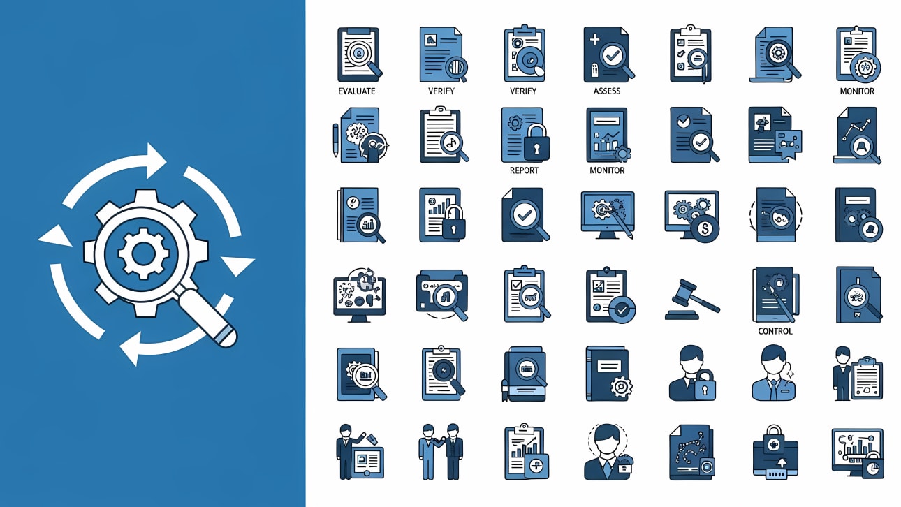 Comprehensive vector icon set for business process analysis, quality control, monitoring, evaluation, and management.