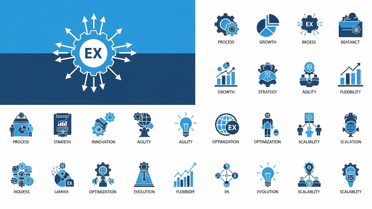 Explore a comprehensive free vector icon set featuring business process, growth, strategy, and optimization concepts. Perfect for presentations.