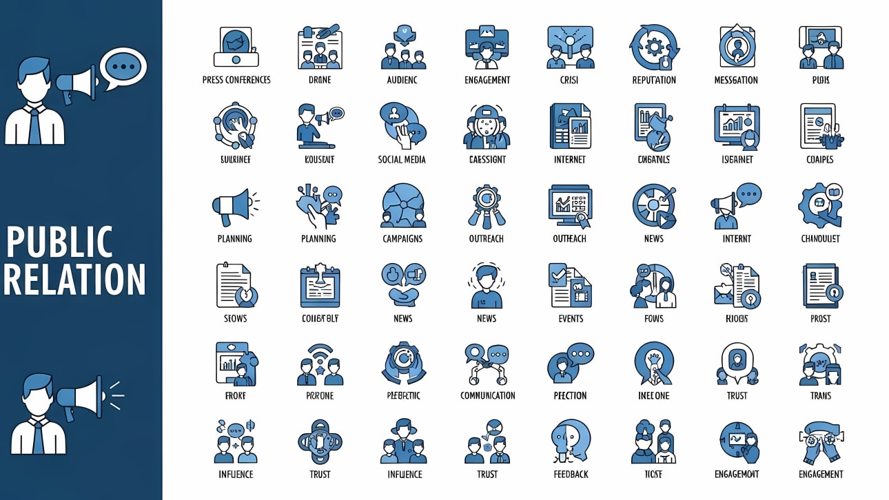Explore a comprehensive set of modern flat line public relations icons, perfect for business communication, marketing, and media projects.