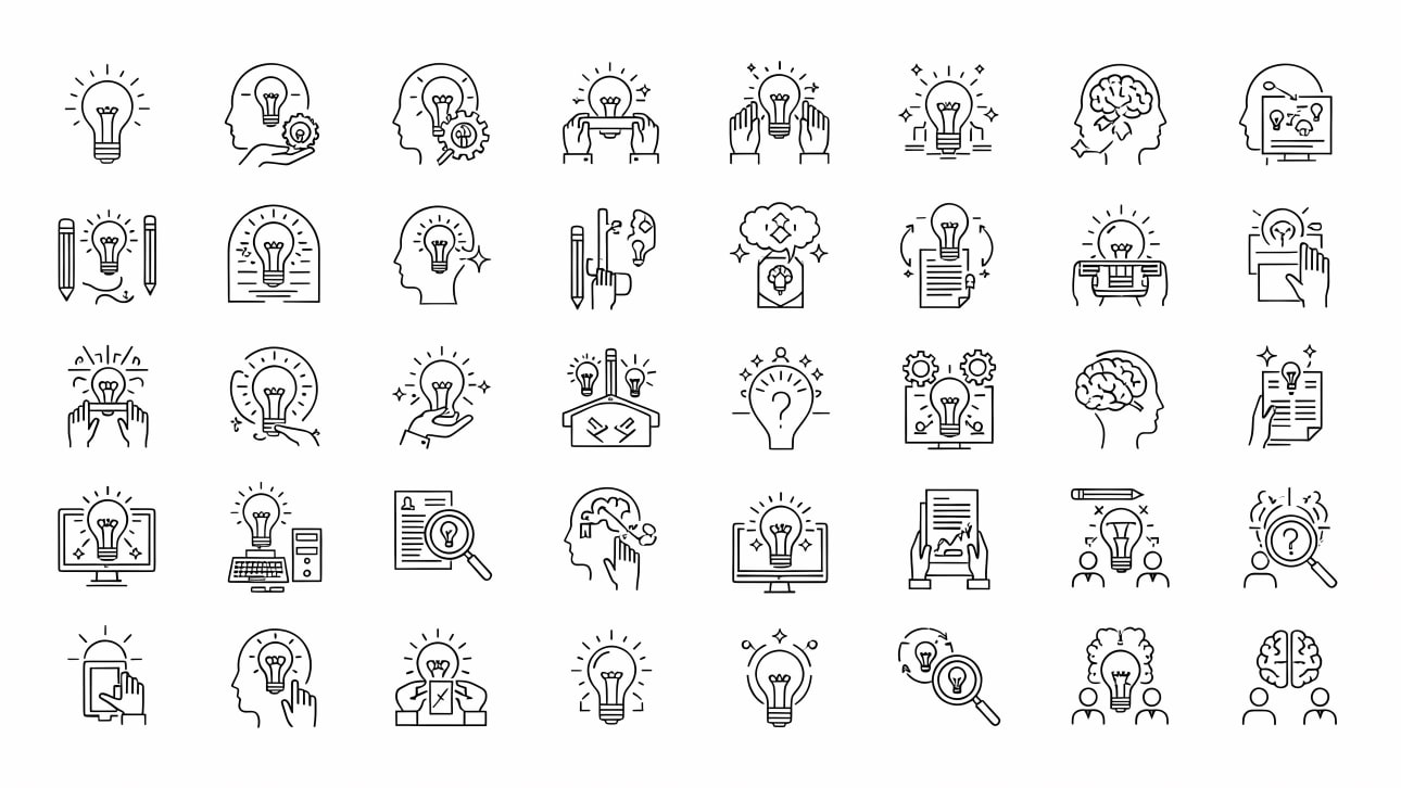 Explore a diverse collection of vector line icons for idea generation, innovation, creativity, and problem-solving.