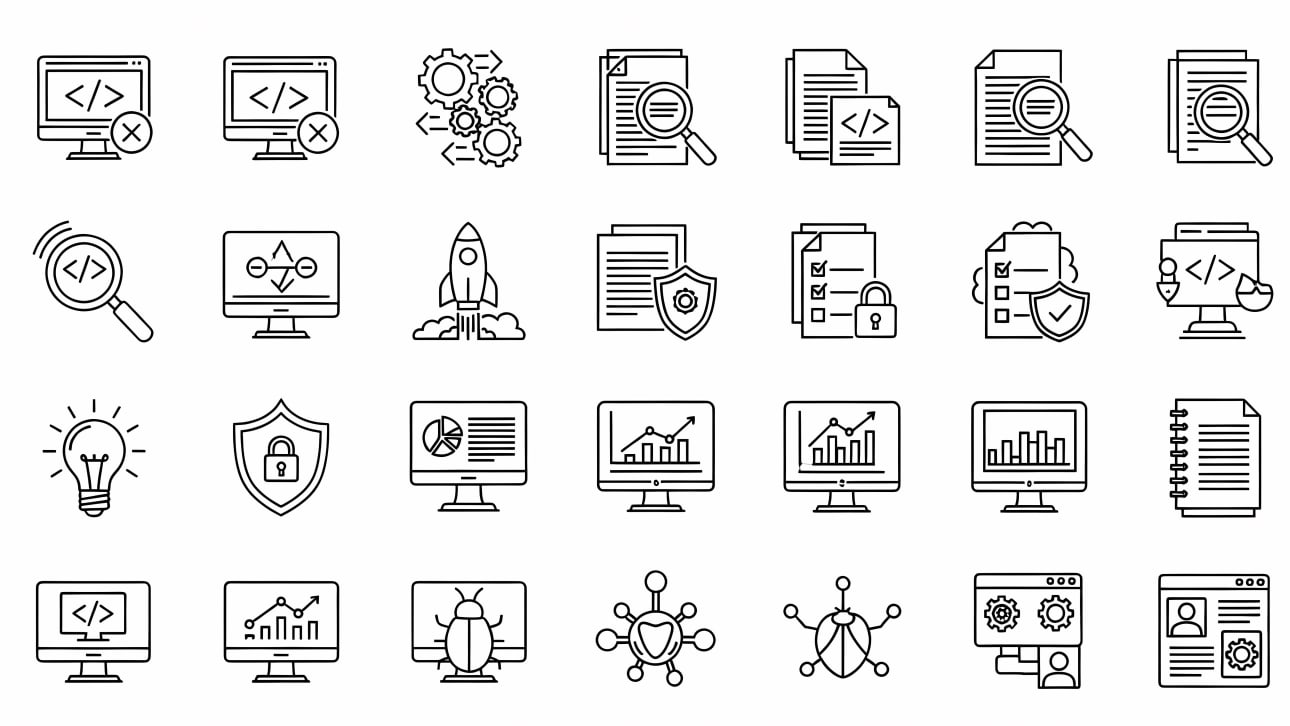 Explore a comprehensive set of software development, cybersecurity, and data analysis line icons. Perfect for websites, apps, and presentations.
