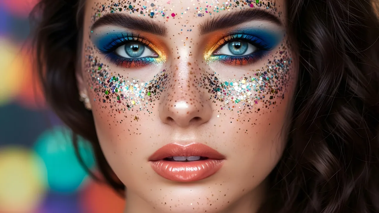 Elevate your designs with this vibrant makeup portrait featuring glitter accents and captivating eyes.