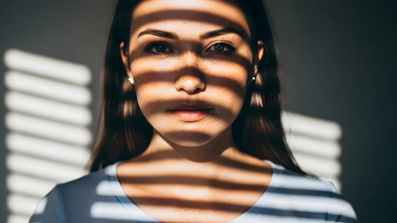 Enhance your creative project with this striking portrait featuring a woman in shadow play, perfect for editorial and beauty campaigns.