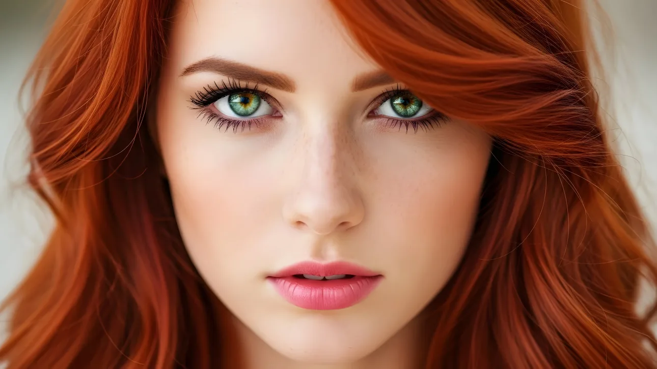 Enhance your project with a detailed portrait of a redhead woman showcasing striking green eyes and subtle freckles, ideal for beauty and lifesty