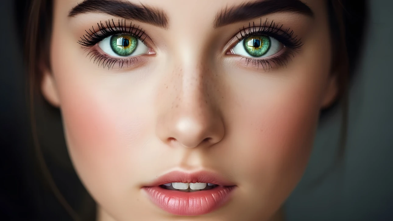 Enhance your creative project with a stunning portrait of a young woman with striking green eyes, perfect for beauty or wellness campaigns.