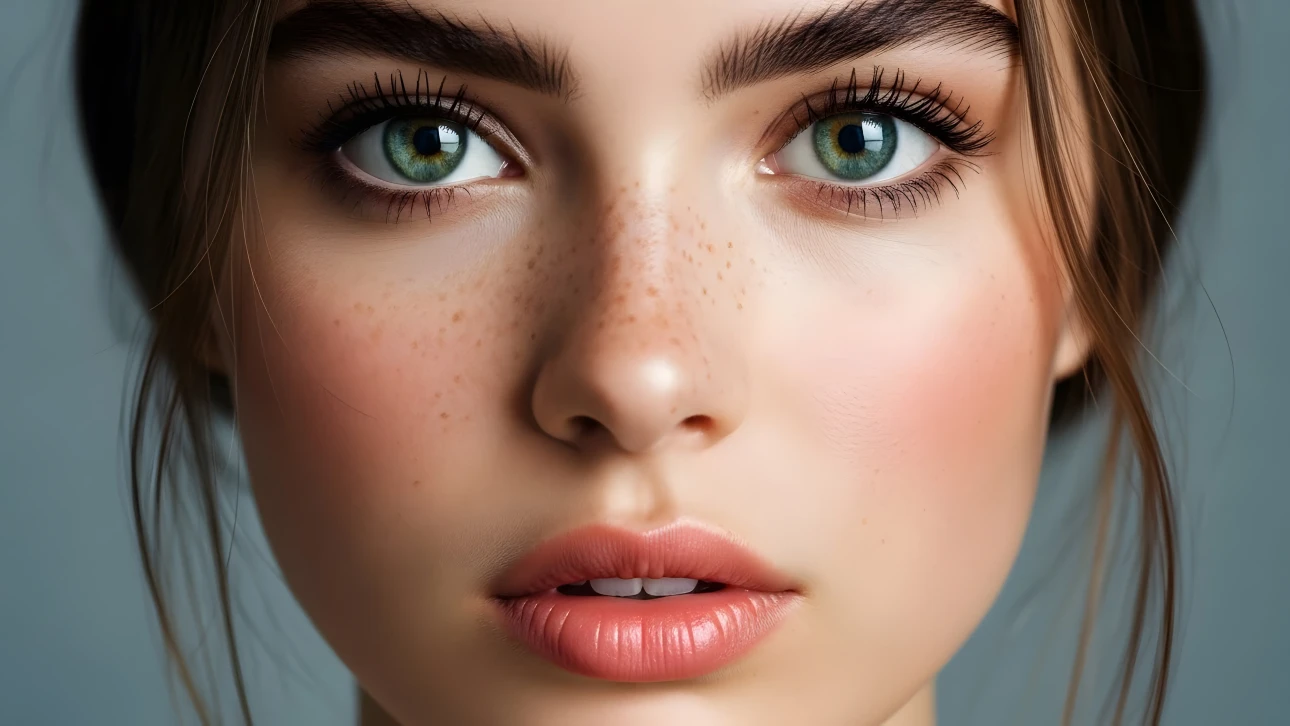 Enhance your project with this stunning close-up of a woman's face featuring captivating green eyes and delicate freckles.