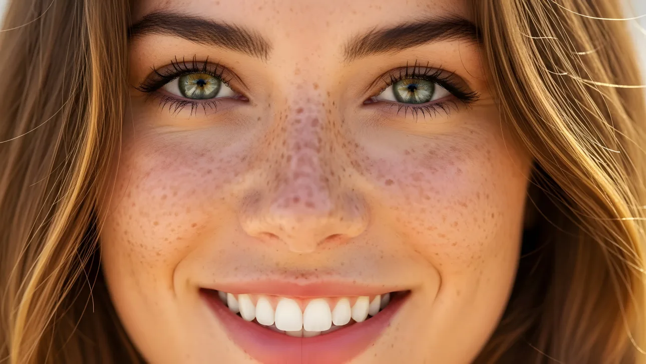 Enhance your project with this close-up of a smiling woman featuring striking green eyes and freckles.