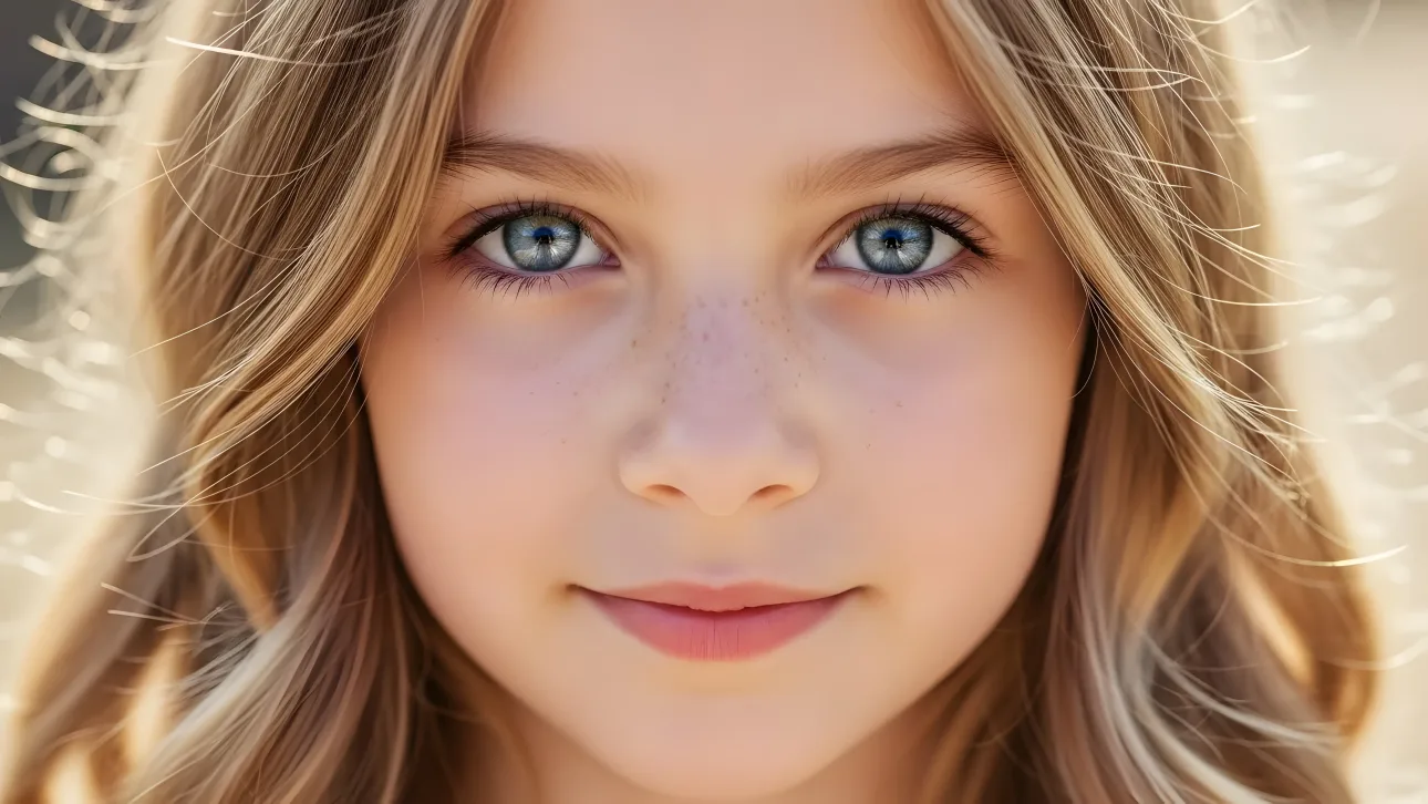 Discover a captivating young girl's portrait. Emphasizes stunning blue eyes and freckles.