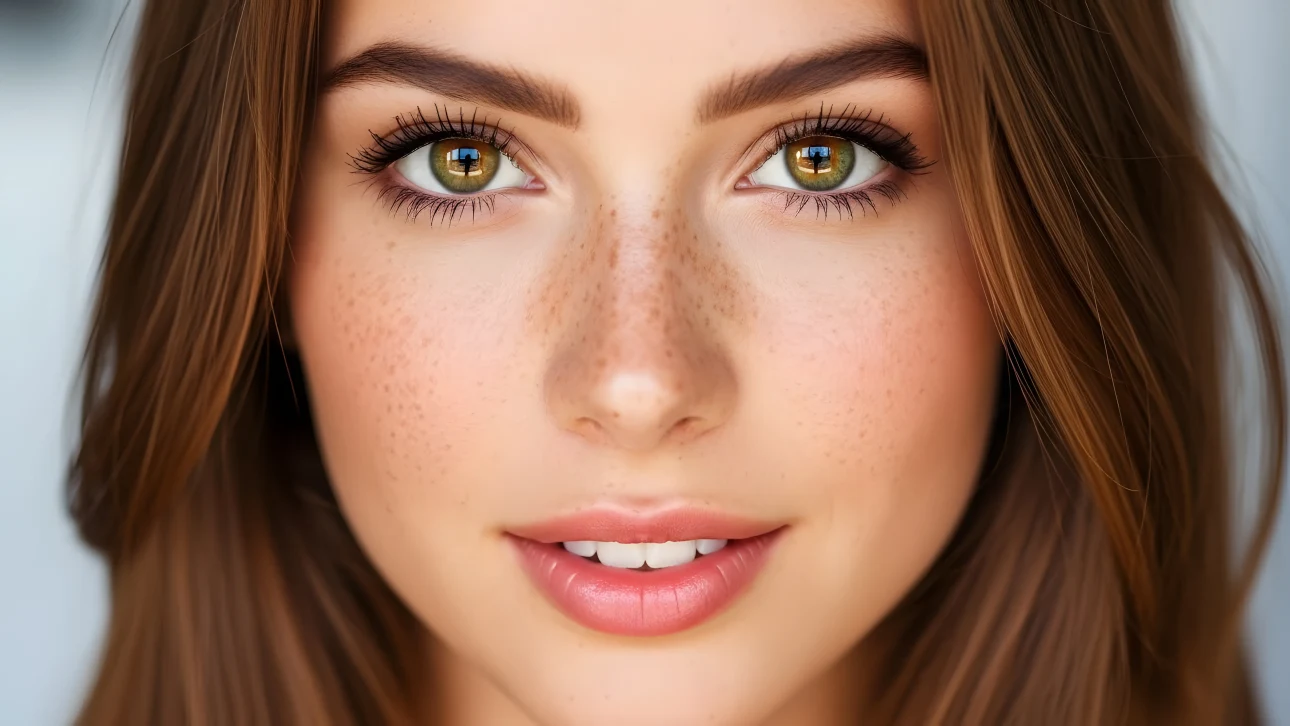 Enhance your designs with a portrait of a woman with freckles and striking eyes.