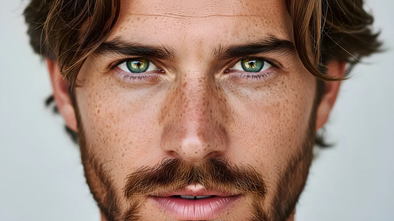 Enhance your project with a detailed close-up of a man with freckles and bright green eyes, ideal for realistic character design and beauty conce