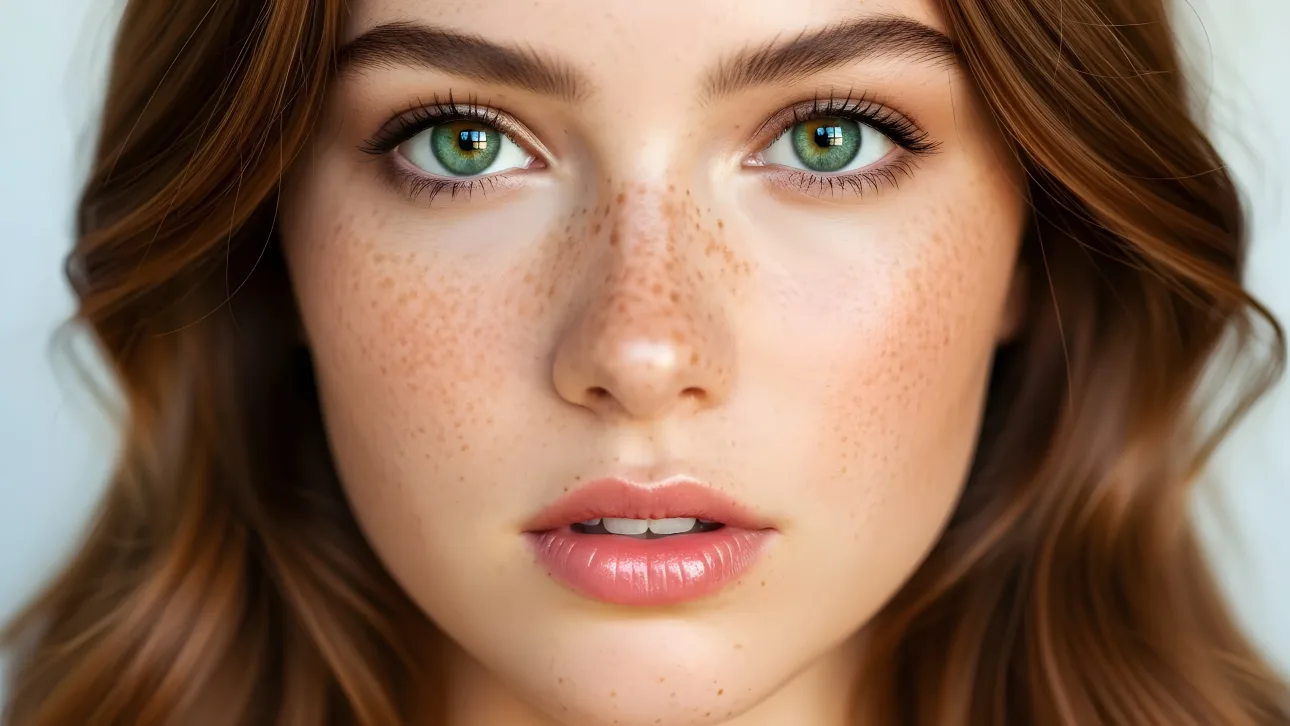 Enhance your creative projects with this stunning portrait featuring a freckled woman and mesmerizing emerald green eyes.