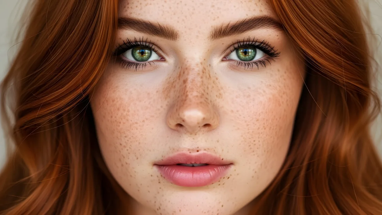 Showcase natural beauty with this high-resolution portrait of a red-haired woman featuring freckles and striking green eyes.