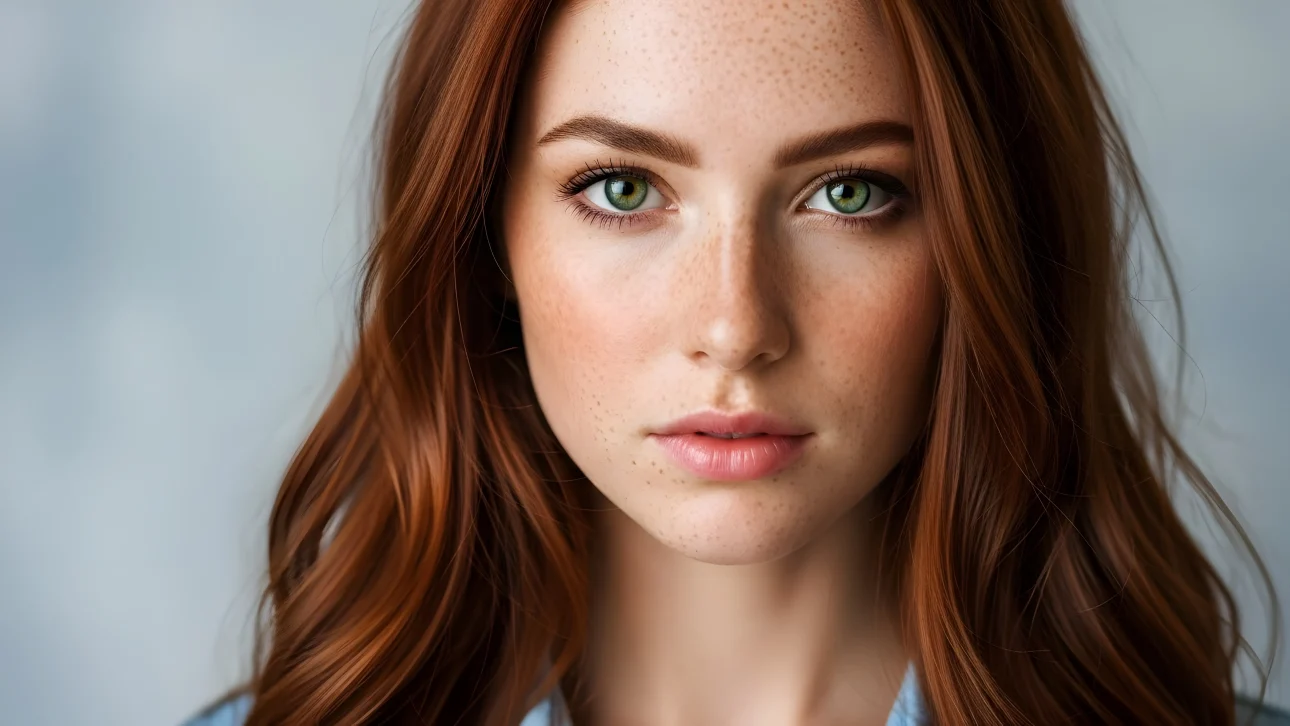 Elevate your project with a captivating portrait of a redhead woman featuring striking green eyes and freckles.